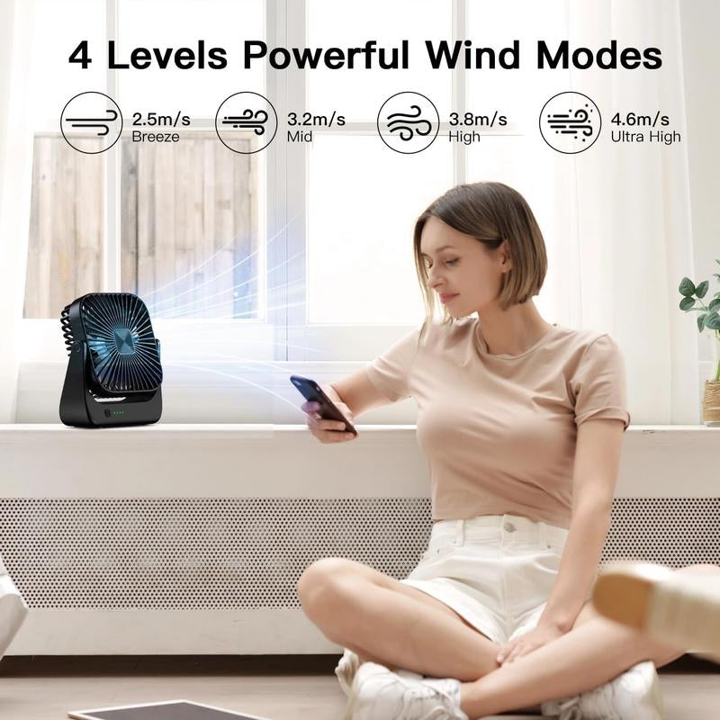 Portable Desk Fan, Powerful Wind, Rechargeable Table Fan for Summer, 360° Pivot, Cooling Fan, 5 Speeds Adjustable Ultra-Quiet Table Fan, USB-C Powered Fan Is Perfect for Offices, Bedrooms, and Desktops, Room Accessories, Birthday Gift